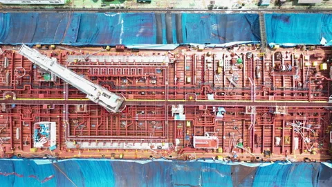Tanker Ship Under Construction In Industrial Shipyard Extreme Wide Shot Stock Footage 331007692