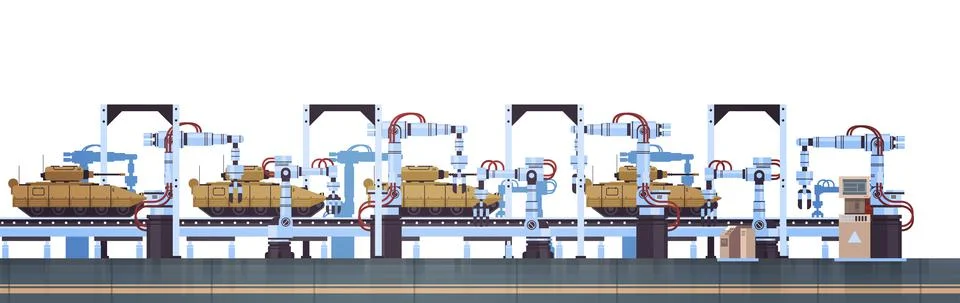 Tanks on assembly conveyor line with robot arms special battle transport Stock Illustration