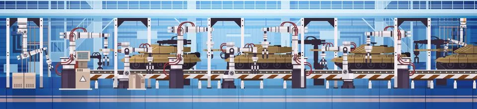 Tanks on assembly conveyor line with robot arms special battle transport Stock Illustration