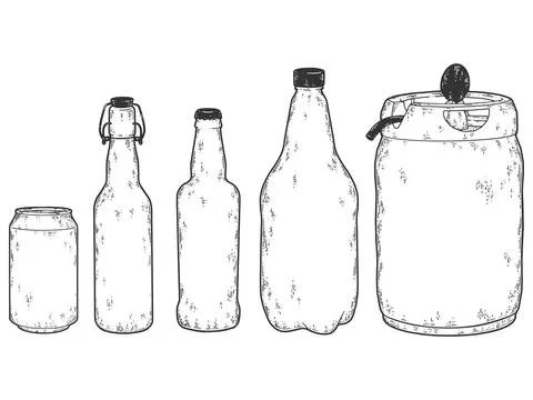 Tanks for beer. Set of five beverage bottles. Sketch scratch board imitation Stock Illustration