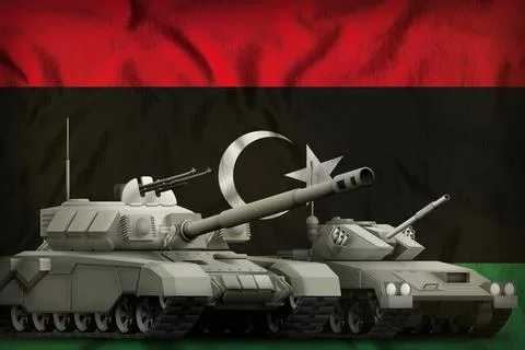 Tanks on the Libya flag background. Libya tank forces concept. 3d Illustration Stock Illustration