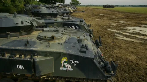 Tanks lined up in a field Stock Footage 37495774