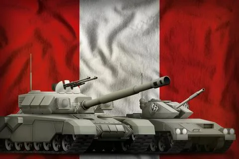 Tanks on the Peru flag background. Peru tank forces concept. 3d Illustration 스톡 일러스트