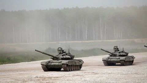 Tanks on the road Stock Footage 90855466