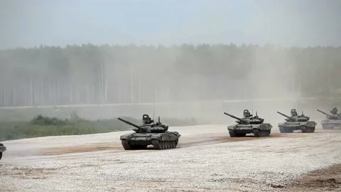 Tanks on the road Stock Footage 90857706