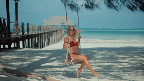 Tanned Woman In Bikini.Tropical Romantic Playful Girl.Vacation Adventure Trip. Stock Footage
