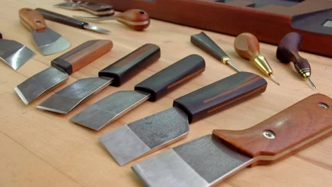 Tanner tools. Skiving knifes. Video stock 154806242