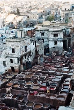 Tanneries, leather tanning industry in Marrakech, Bab Debbagh. Stock Photos