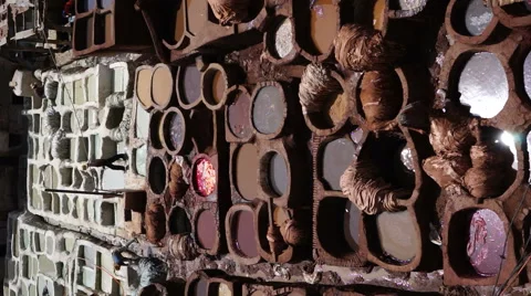 Tannery pits in Morocco vertical Stock Footage 50969398