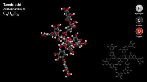 Tannic Acid. 3D model of a molecule. C76H52O46. Black background. 3D render Stock Footage 295794792