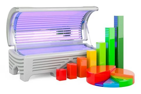 Tanning Bed with growth bar graph and pie chart. 3D rendering Stock Illustration