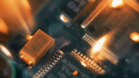 Tantalum capacitor fire. System overheating footage. Stock Footage 168672774