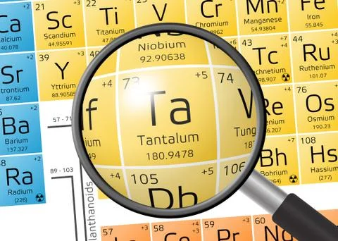 Tantalum from Periodic Table of the Elements with magnifying glass Stock Illustration