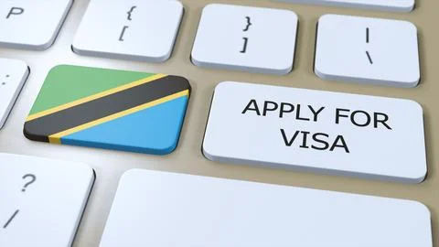 Tanzania, Apply for Visa Concept. Button Push 3D Illustration. Visa Apply for Illustrazione stock