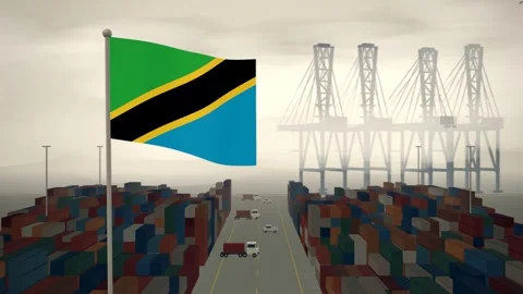 Tanzania Flag Flying Over A Container Port Terminal In Morning Haze Видео 344470390