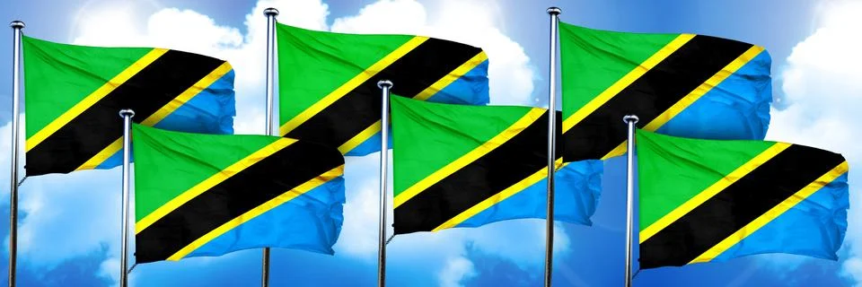 Tanzanian flags, 3D rendering, on a cloud background Illustrazione stock
