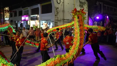 Taoist Dragon Dance Procession Through Lantern Lit City Streets Video stock 346245444