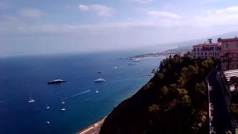 Taormina, Sicily: Panoramic View From Piazza IX Aprile Terrace Over Coastline Stock Footage 340330462