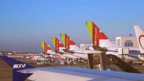 Tap airplanes all lined up docked at the jet bridge in Lisbon Airport. 動画素材 110817038