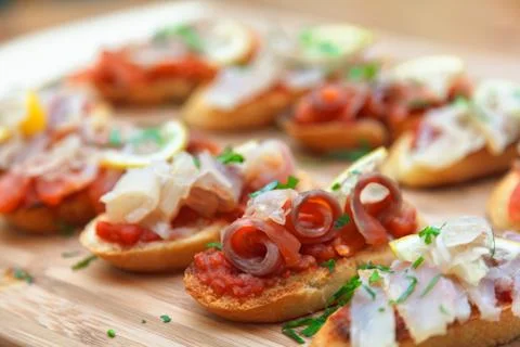Tapas on Crusty Bread Stock Photos