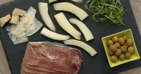 Tapas ingredients. Table spin. Stock Footage 278430745