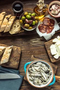 Tapas on kitchen table, from overhead, copy space Stock Photos