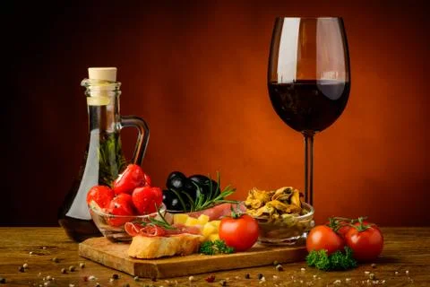 Tapas snacks and wine Stock Photos