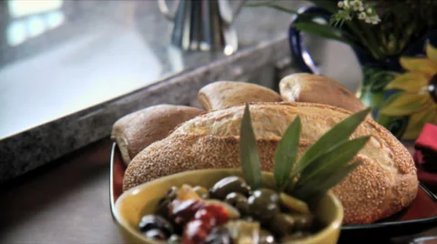 A tapas spread full of various snacks laid out on a restaurant table Stock Footage 33994976