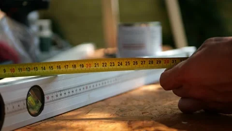 Tape measure above construction bubble level tool measuring above plywood Stock Footage 156686813