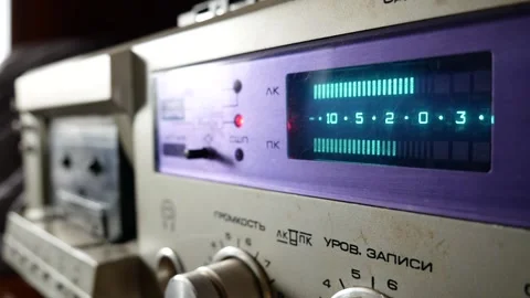 Tape recorder Plays inserted audio cassette tape with LED audio level indicators Stock Footage 310241534