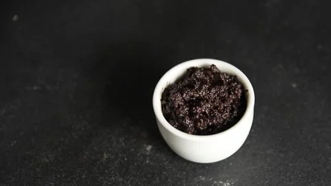 Tapenade black olives olive spread ready to eat tasty snack fresh gourmet food Stock Footage 336678474