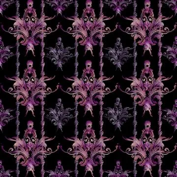 Tapestry damask vector seamless pattern. Striped floral embroidery black back Stock Illustration