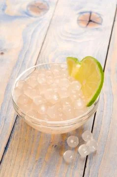 Tapioca pearls with lime. white bubble tea ingredients Stock Photos