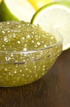 Tapioca pearls with lime. white bubble tea ingredients Stock Photos