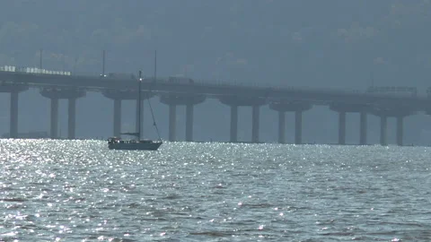 Tappan Zee Bridge Hudson River Passing Yacht Stock Footage 150758869