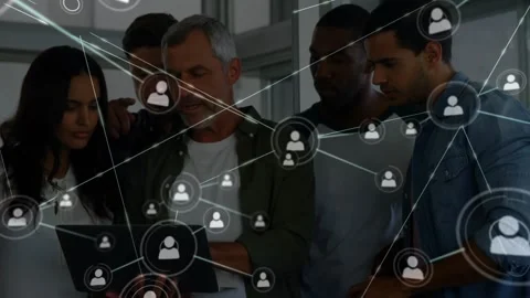 Tapping control starting overlay swap to review, 5-person team around laptop Stock Footage 330917163