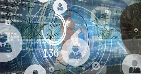 Tapping human hand engaging circular UI control in workspace, with avatar icons 스톡 사진