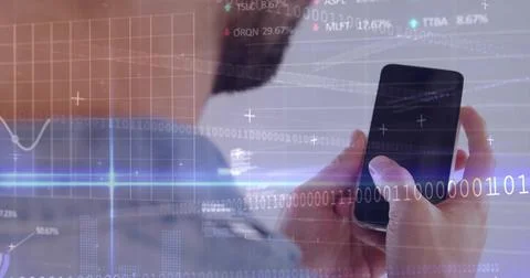 Tapping man in collared shirt holding smartphone in office, hands and data Stock Photos