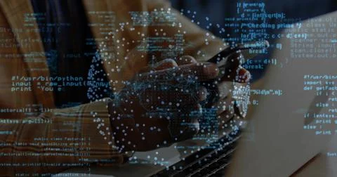 Tapping man's smartphone in office, left hand by laptop, code overlay, data Foto stock