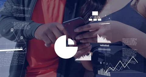 Tapping phone, pair wearing dark tank, orange shirt, dark jacket reviewing data Stock Photos