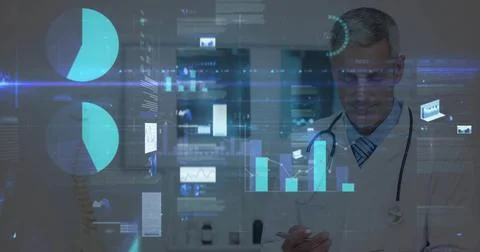 Tapping physician with lab coat, stethoscope and stylus viewing hologram data in Stock Photos