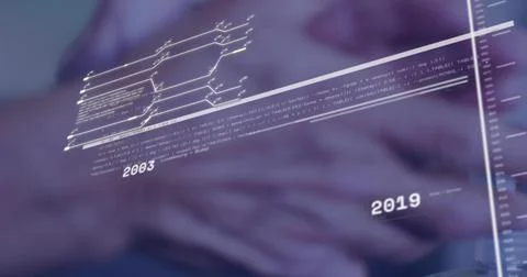 Tapping senior hands navigating holographic timeline 2003 to 2019 and code on 스톡 사진