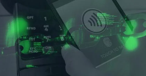 Tapping smartphone displaying TOUCH TO PAY fingerprint icon over terminal, Foto stock