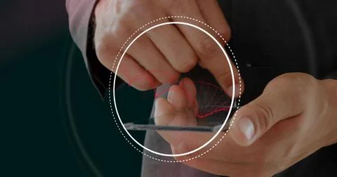 Tapping smartphone screen with suited hands in digital interface overlay, 스톡 사진
