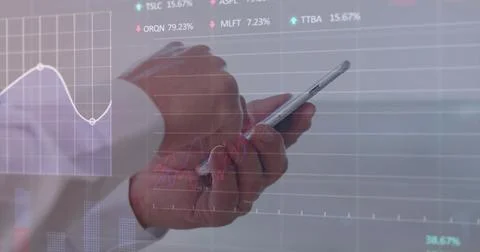Tapping smartphone while elderly Japanese hands monitoring translucent financial Stock Photos