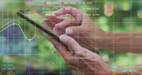 Tapping smartphone with woman's hands analyzing cybersecurity data in park with Stockfoto's