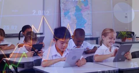 Tapping students in collared shirts using tablets in class with whiteboard map イラスト素材