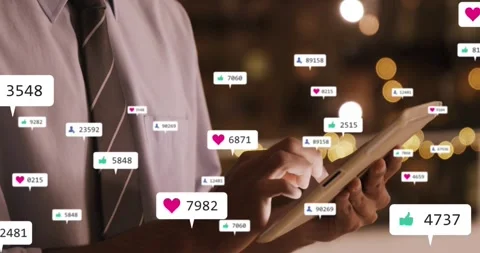 Tapping tablet man swiping as badges appearing growing floating counts rising Video stock 322204558