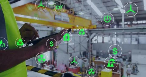 Tapping tablet, technician wearing neon vest checking AR icons on catwalk in Stock Photos