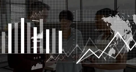 On tapping tablets, team of three comparing data, animated charts expanding for Stock Footage 320724722